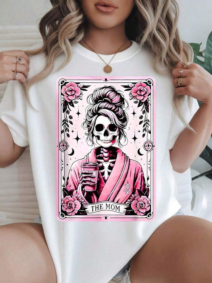 Women's Casual Short Sleeve T-Shirt - Skull Design In Pink Tunic Holding A Coffee Cup With Roses And Stars, Round Neck, Summer Top, Machine Washable, Ladies' T-Shirts, Casual Wear, Modern Style, Comfortable Fit
-White - 白色 - 查看 1