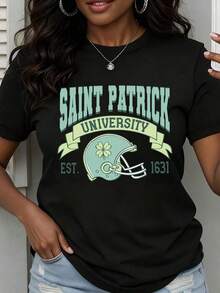Camiseta de Cuello Redondo para Mujer con Estampado de Casco de Fútbol Americano de la Universidad de San Patricio y Trébol, Manga Corta, Ropa Casual para Fanáticas de los Deportes Universitarios - Negro - Ver 7