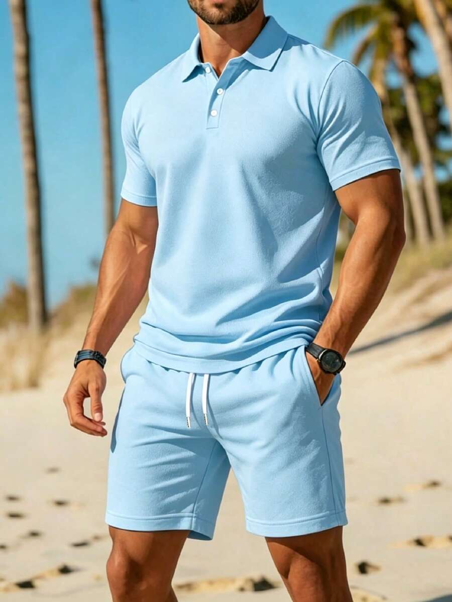 Bộ 2 món áo polo ngắn tay và quần short nam màu trơn, thích hợp cho đi biển, đi làm, tập gym, dã ngoại cuối tuần. - Màu xanh nhạt - Xem 1