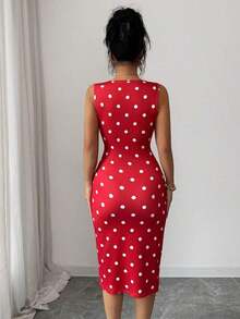 Vestido de longitud media con volantes y cintura con lazo, estampado de lunares elegante, uso casual diario, fiesta, vacaciones, adecuado para el Día de San Valentín, boda, vestido rojo de moda - Rojo - Ver 2