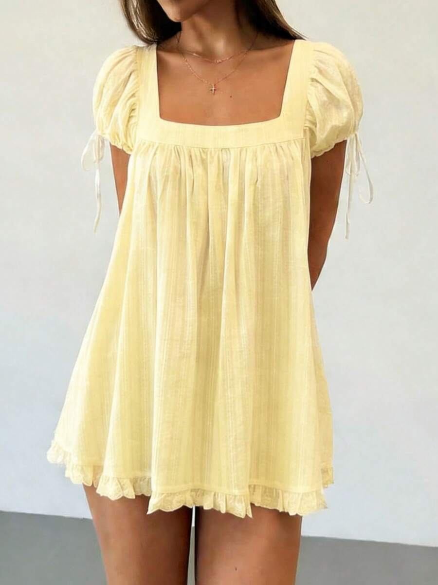 Women's Summer Dresses Square Neck Short Sleeve A-Line Mini Ruffled Dresses For Daily Shopping Office Travel - Vàng nhạt - Xem 1