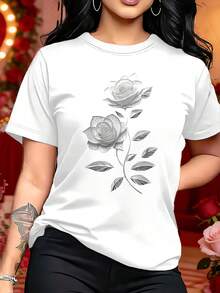 Soft 100% Cotton T-Shirt, Casual Women's T-Shirt | Unique Rose Print - Refined, Ready For Gifting, Casual Crew Neck T-Shirt | Breathable, Lightweight, Comfortable, Perfect For Spring And Summer Wardrobes. Breathable Cotton T-Shirt, Goes With Everything. - 白色 - 查看 6