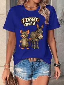 Funny And Satirical Mouse And Horse Meme T-Shirt - "I Don't Care" Design With Horse And Mouse Characters - Soft And Breathable Universal Women's T-Shirt - Casual Meme T-Shirt For Adult Women - 藍色 - 查看 7
