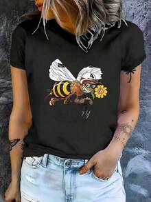Women's Short-Sleeved Cotton T-Shirt, Casual Style, Fitted, With A Vintage Urban Print Featuring A Delicate Bee And Sunflower Design. Soft And Comfortable, Perfect For Everyday Wear And A Versatile Garment. 100% Breathable Cotton. - 黑色 - 查看 12