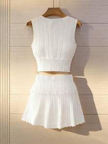 Conjunto de 2 piezas de top sin mangas de punto acanalado de unicolor y minifalda, para verano - Blanco - Ver 3