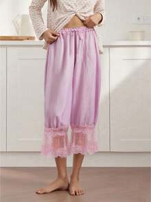 Women Lace Trim Bloomers Casual Elastic Mid Rise Ruffle Cropped Pants Loose Slips Trousers Comfort Bottoms - Pink - View 1