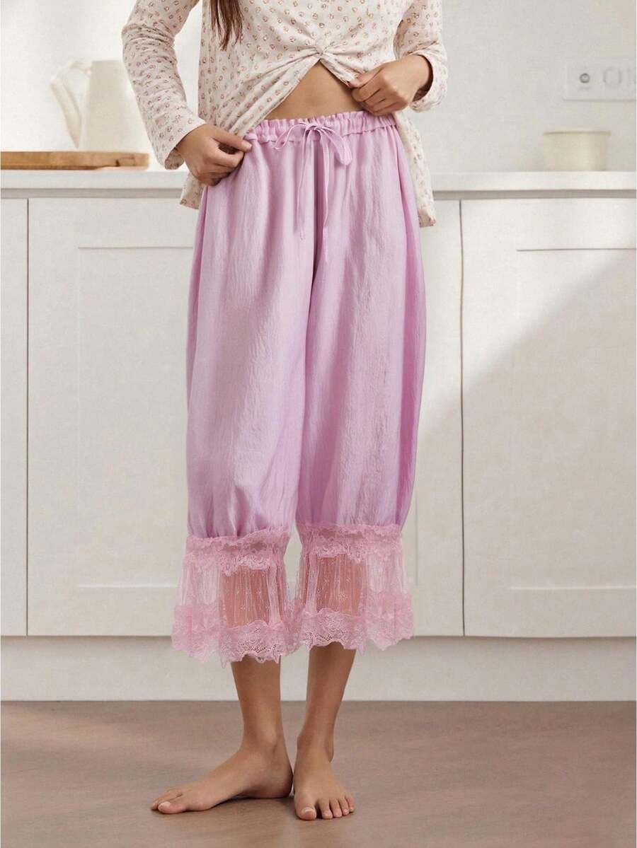 Women Lace Trim Bloomers Casual Elastic Mid Rise Ruffle Cropped Pants Loose Slips Trousers Comfort Bottoms - Pink - View 1