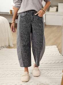 Jeans casuales de ajuste holgado con parches de estampado de leopardo, bolsillos y presillas para cinturón para mujer - Café integral - Ver 7