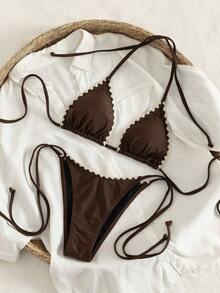 Bikini de mujer de unicolor con escote halter y lazos, estilo sexy, minimalista y elegante para playa, vacaciones, viajes y fiestas, nueva colección primavera/verano - Marrón - Ver 4
