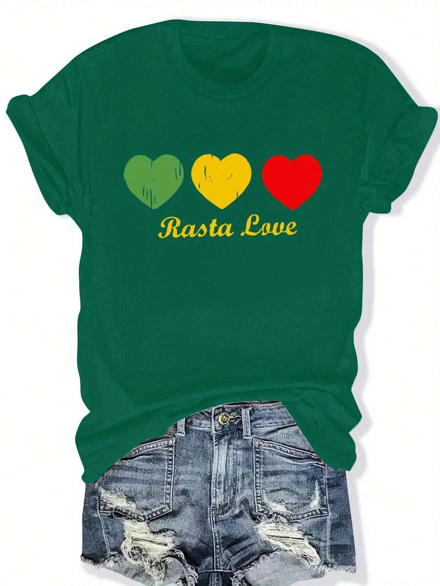 Plus Size - Plus Size - Loose-Fitting Short-Sleeved T-Shirt With Lettering And Hearts, Perfect For Casual Wear In Spring And Summer, Available In Plus Sizes For Women. - 綠色 - 查看 1