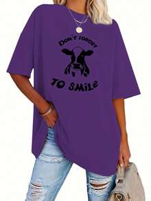 Talla grande, camiseta con estampado de letras, top casual de manga corta y cuello redondo, ropa de mujer. - Morado - Ver 1