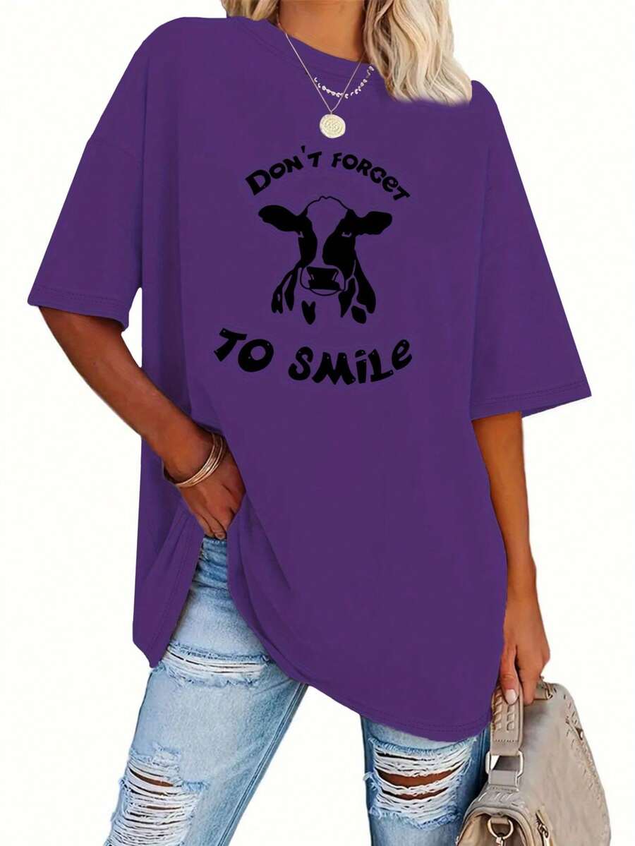 Talla grande, camiseta con estampado de letras, top casual de manga corta y cuello redondo, ropa de mujer. - Morado - Ver 1