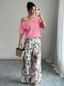 2 piezas Conjunto de top asimétrico de cuello sólido y pantalones con estampado tropical, estilo casual de vacaciones - Rosa - Ver 6