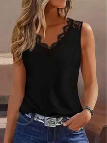 Women's Solid Color Contrast Lace V-Neck Sleeveless Blouse - Black - View 3