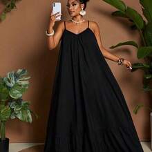Plus Size Women Solid Color Casual Vacation Daily Wear Sleeveless Off Shoulder Ruffle Patchwork Loose Flared Maxi Dress, Summer - Burdeos - Ver 4