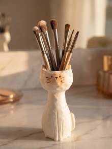 1Pc Milk White Cat Shape Resin Makeup Brush Holder - Creative Cartoon Cute Desk Organizer For Vanity, Lipstick & Eyebrow Pencil Storage, Gift For Her | Home Decor, Room Decor, Boho Decor, Desk Decor, Vanity Organizer, Cute Collectible, Unique Gift, Table Centerpiece - View 6
