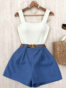 Conjunto casual de vacaciones para mujer de 2 piezas con top ajustado de tirantes cuadrado en color marrón y shorts de pierna ancha elásticos en la cintura en color blanco, diseño de moda francés elegante primavera/verano 2026 - Multicolor 3 - Ver 8