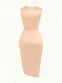 Vestido de mujer de alta gama y lujo, de moda de nicho francés retro, sin mangas, con pliegues, brillante, con abertura asimétrica y cintura ceñida - Albaricoque - Ver 2