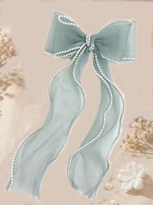 1pc Pearl Decor Bow Hair Clip, Elegant Women Hair Accessory For Wedding, Party, Beach, Daily Wear, Summer,Travel,Birthday, Claw Clips - Mint Green - View 2