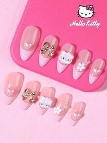 SANRIO 24片Y2K风格粉色椭圆形法式美甲贴纸，饰有可爱的Hello Kitty、珍珠、爱心、花朵和金色蝴蝶结图案，粉嫩少女风，完美适配亚克力美甲套装。套装包含1瓶凝胶胶水和1把指甲锉，适合女性日常及派对使用。 - 彩色 - 查看 2