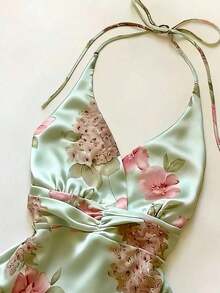 Blusa elegante y romántica con patrón floral retro, decorada con diamante de imitación, de cuello halter y corte evasé para mujeres - Multicolor 2 - Ver 3