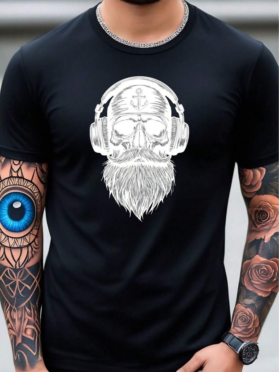 Camiseta Negra de Hombre, Estilo Casual Urbano, Tejido Grueso, con Estampado de Calavera Barbuda, Auriculares y Ancla, Suave y Transpirable, Ideal para Uso Diario y Vacaciones - Negro - Ver 1