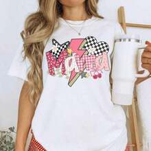 1 Piece Women's Graphic Print T-Shirt, College Style T-Shirt For Mom, Plaid T-Shirt For Mom, Mother's Day Gift, Lightning Bolt Print Sweatshirt For Mom, Mother's Day T-Shirt Gifts For Mom's Birthday, Casual Short Sleeve Crew Neck T-Shirt For Women, 1 Piece Fashion Shirt, Gift For Mom, Thanksgiving Gift, 180g 100% Cotton, All Patterns Are Printed. Unisex. - 白色008 - 查看 2