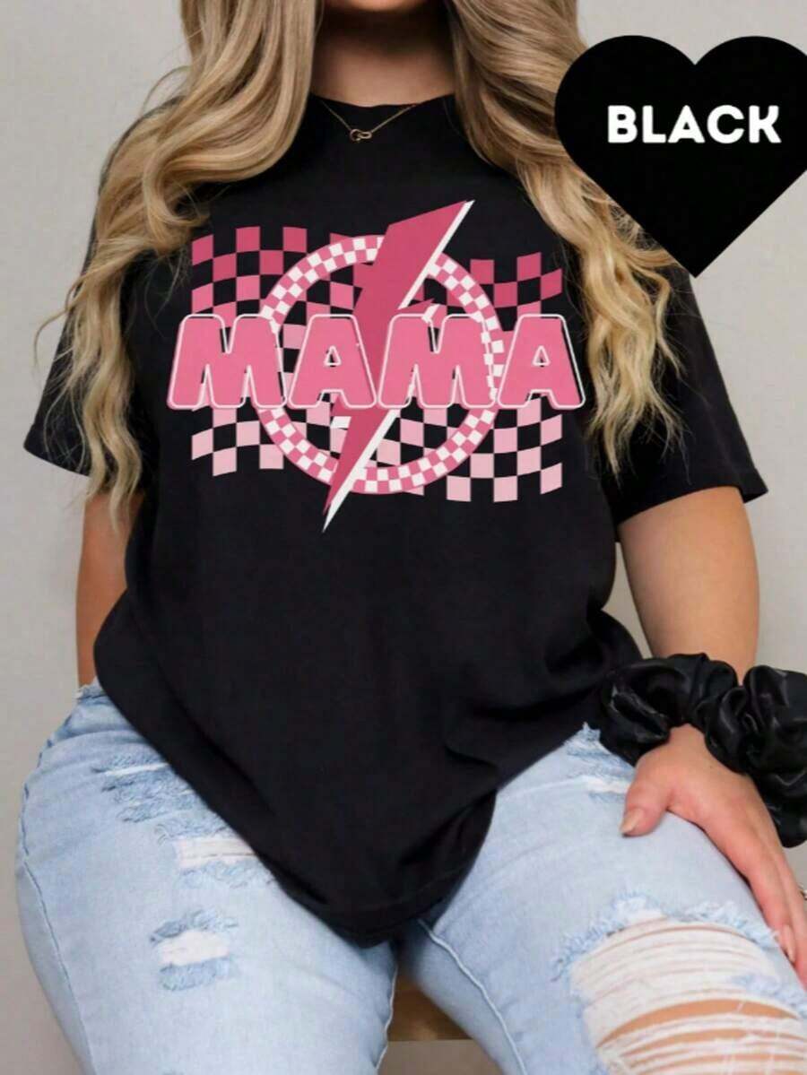 1 Piece Women's Graphic Print T-Shirt, College Style T-Shirt For Mom, Plaid T-Shirt For Mom, Mother's Day Gift, Lightning Bolt Print Sweatshirt For Mom, Mother's Day T-Shirt Gifts For Mom's Birthday, Casual Short Sleeve Crew Neck T-Shirt For Women, 1 Piece Fashion Shirt, Gift For Mom, Thanksgiving Gift, 180g 100% Cotton, All Patterns Are Printed. Unisex. - 黑色009 - 查看 1