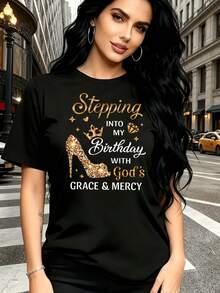 Women's Short-Sleeved Cotton T-Shirt With Birthday High Heel Print, Casual Short-Sleeved Round Neck Top For Spring And Summer, Women's Clothing. - 黑色 - 查看 2