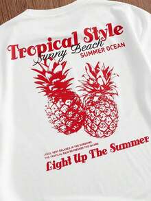 SWAVVY Men's Casual Short Sleeve Crew Neck T-Shirt With Letter And Pineapple Print, Men's Crew Neck Printed T-Shirt, Urban Style, White And Red Graphic T-Shirts For Men, Japanese Urban Style Graphic T-Shirt. - 白色 - 查看 4