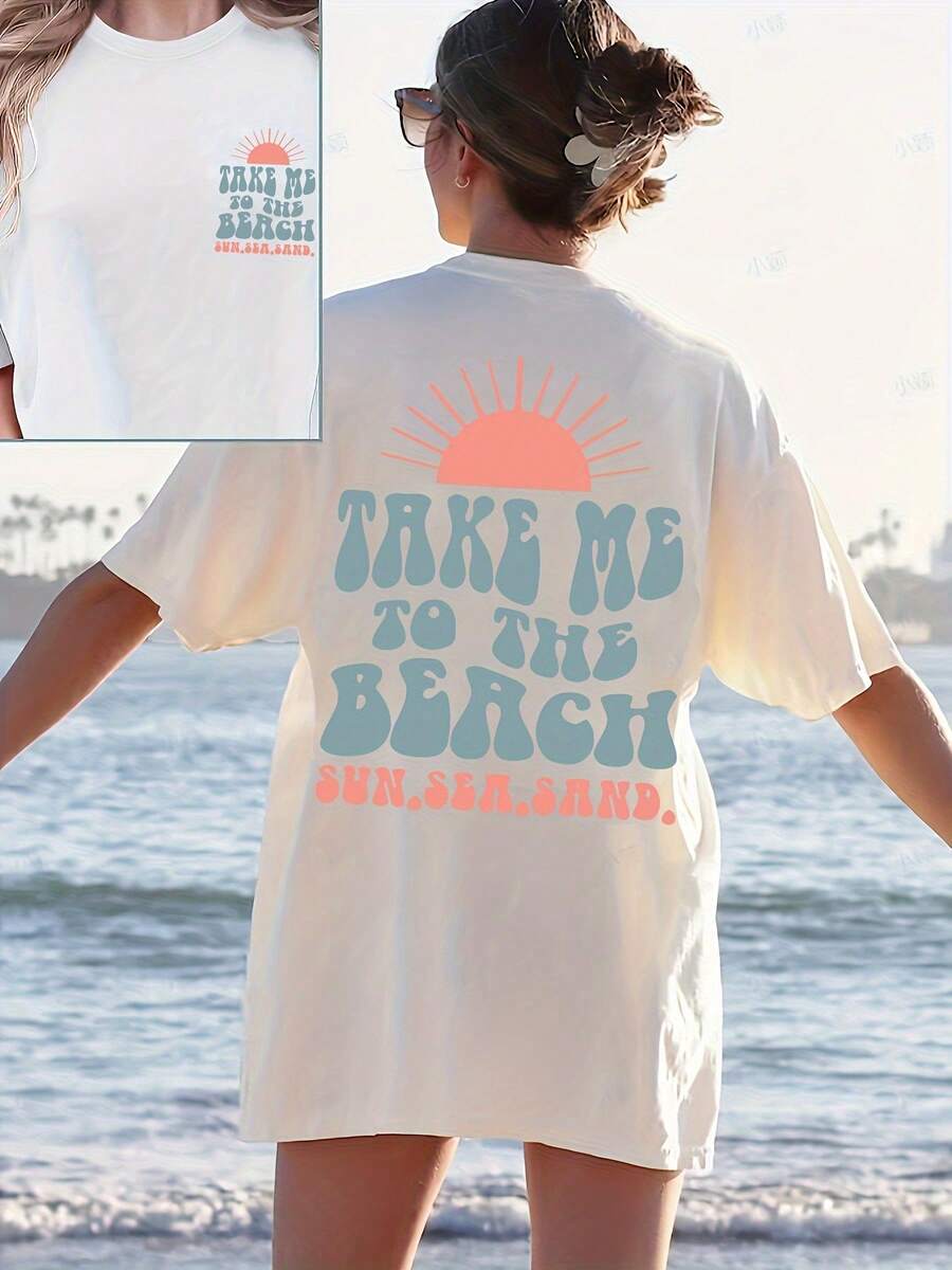 Camiseta Casual de Manga Corta con Cuello Redondo para Mujer - Estampado Gráfico de Playa con el Eslogan "Llévame a la Playa", Corte Relajado con Hombros Caídos, Elasticidad Media, Lavable a Máquina, Esencial para Primavera y Verano, Accesorios de Playa, Ropa de Verano, Camiseta con Eslogan, Camiseta de Elasticidad Media, Camiseta Y2k, Camisa - Negro - Ver 1