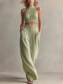 Conjunto de 2 piezas nuevo de moda para mujer, estilo casual, top halter de cuello redondo y espalda descubierta, pantalón largo, perfecto para vacaciones, playa y looks de verano - verde claro - Ver 8
