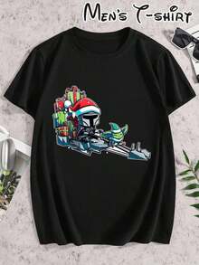 [ Christmas T-Shirt]   & Grogu Christmas T-Shirt For Men |     Mandalorian Armor & Grogu Graphic With Logo, Breathable Round Neck Short Sleeve, Casual & Party Outfit, Birthday/Christmas Gift For Fans, Themed Events & Casual Attire - màu đen - Xem 2