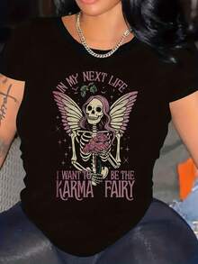 Talla Grande, EN MI PRÓXIMA VIDA QUIERO SER LA HADA DEL KARMA, Camiseta de Mujer con Estampado Gráfico, Manga Corta, Cuello Redondo, Top Casual para Verano y Primavera, Ropa de Mujer Y2k, Camiseta, Camisa - Blanco - Ver 1