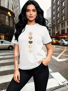 T-Shirt With An Artistic Heart Print Featuring Multiple Designs. Modern And Breathable, Suitable For Family Trips, College Activities, Casual Sports, Daily Commutes, Matching Sister Outfits-A Versatile Tee. E89T - 白色 - 查看 4