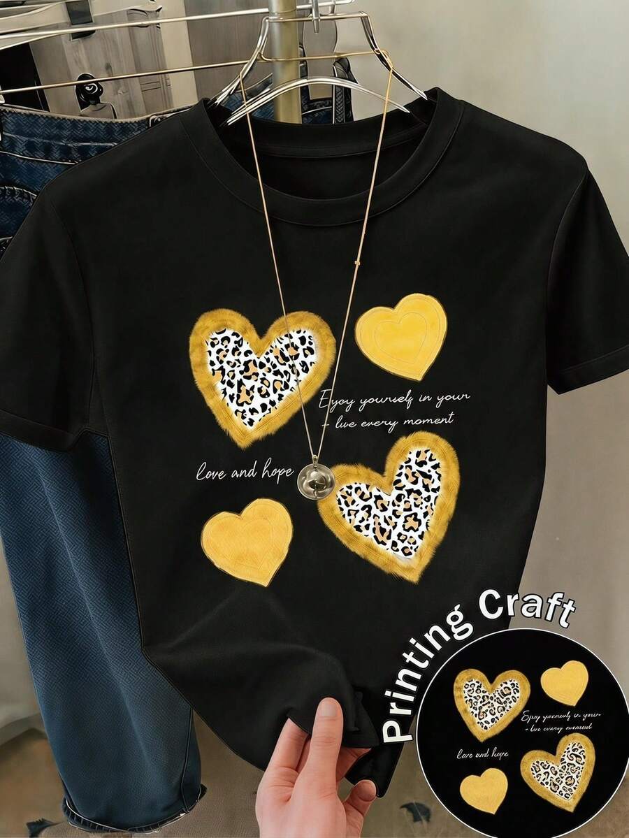 Amiam Bmian New Short-Sleeved Crew Neck T-Shirt For Women, Spring/Summer Design, Perfectly Combining Modern Lettering And A Heart Print, Breathable And Sweat-Wicking. Direct Shipping From Our Local Warehouse, Couples' Style, Ideal For Wearing Together. - 鏽棕色 - 查看 1