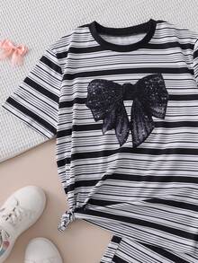Girls' Summer 2-Piece Set, Sweet Girl Style Black & White Striped Outfit, Black & White Striped T-Shirt + Sequin Bow Decor, Matching Shorts, Skin-Friendly Breathable, Suitable For Daily Wear / Home / Outing, Cute & Versatile Girls' Summer Clothing - Black and White - View 5