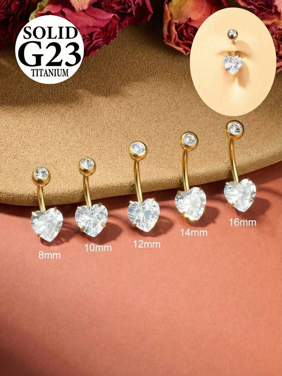 1个金色钛金肚脐环,内螺纹肚脐环,圆形心形锆石肚脐环,男女通用,尺寸可选8mm、10mm、12mm、14mm、16mm - 金桿愛心白鑽 - 查看 1
