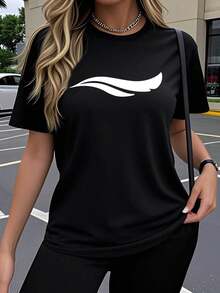 Soft 100% Cotton Women's Short-Sleeved T-Shirt, Single Pack, Creative Artistic Geometric Wing Design With A Fun And Popular Print, Elastic Top With Round Neck, Comfortable Outdoor Clothing In Spring And Summer, Y2K Style, Loose, Casual, Simple And Elegant, Breathable Cotton T-Shirt, Matches Everything. - 黑色 - 查看 1