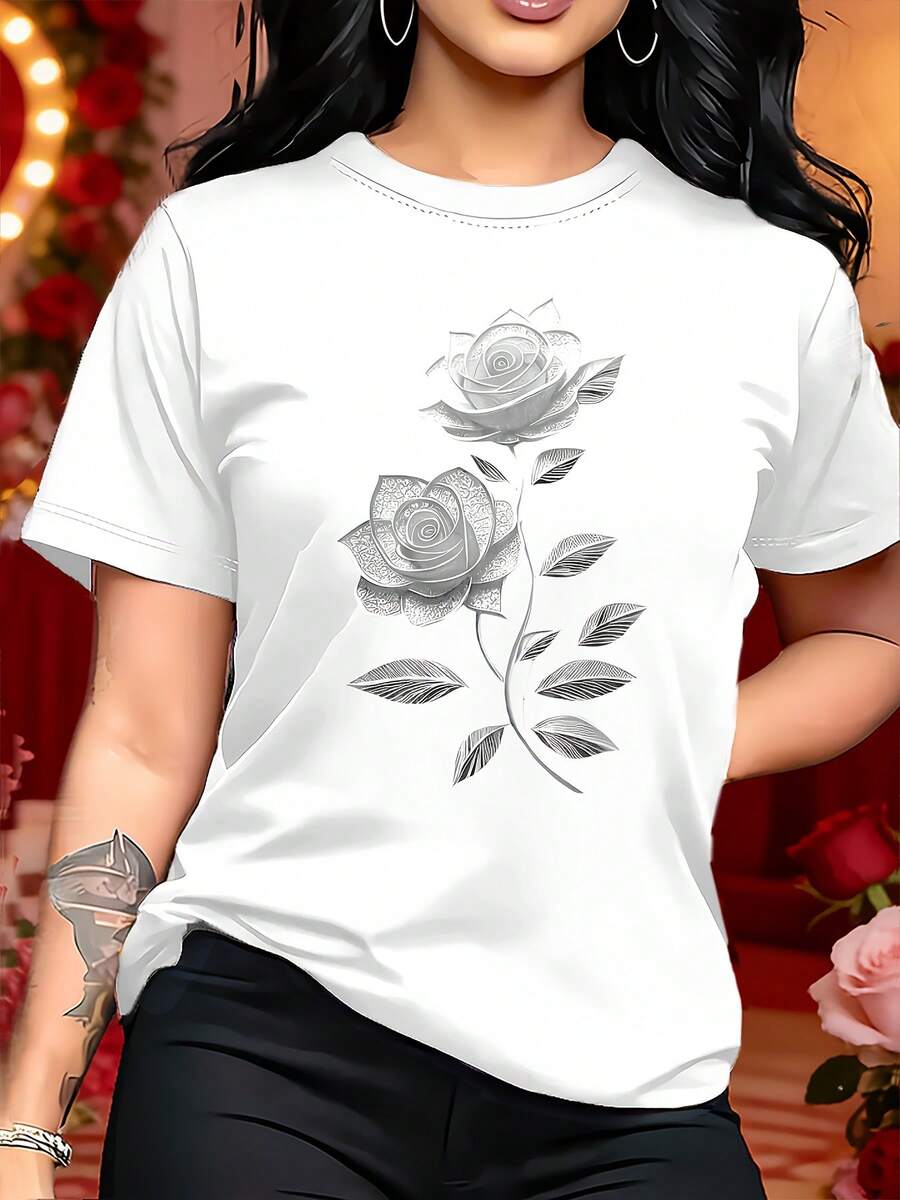 Soft 100% Cotton T-Shirt, Casual Women's T-Shirt | Unique Rose Print - Refined, Ready For Gifting, Casual Crew Neck T-Shirt | Breathable, Lightweight, Comfortable, Perfect For Spring And Summer Wardrobes. Breathable Cotton T-Shirt, Goes With Everything. - 白色 - 查看 1