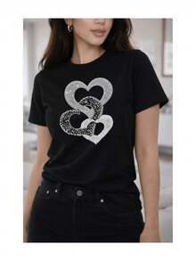 Soft 100% Cotton Women's T-Shirt With An Intertwined Heart Print, Shimmering Textured Effect, Glamorous And Elegant Style, And Rhinestone Embellishments. Breathable Cotton T-Shirt That Goes With Everything. - 黑色 - 查看 1