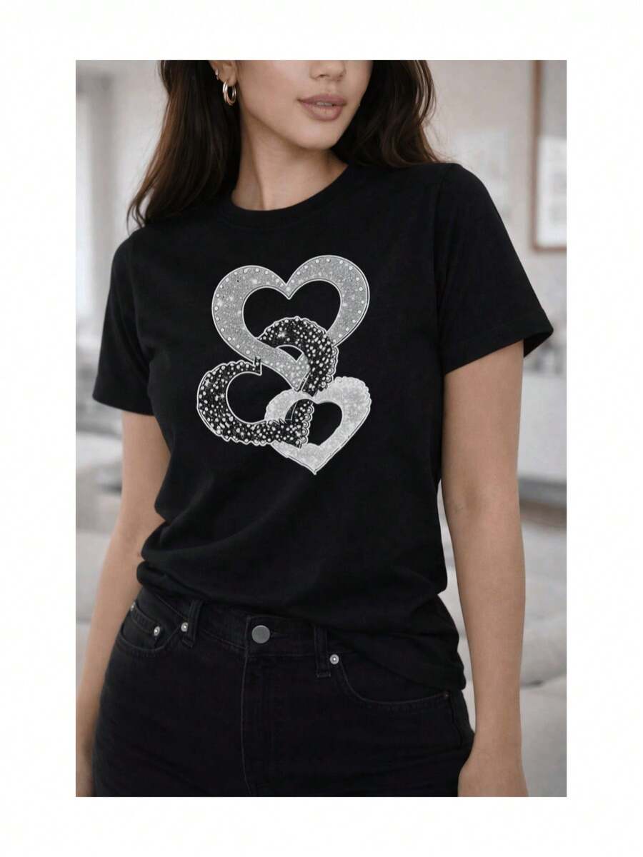 Soft 100% Cotton Women's T-Shirt With An Intertwined Heart Print, Shimmering Textured Effect, Glamorous And Elegant Style, And Rhinestone Embellishments. Breathable Cotton T-Shirt That Goes With Everything. - 黑色 - 查看 1