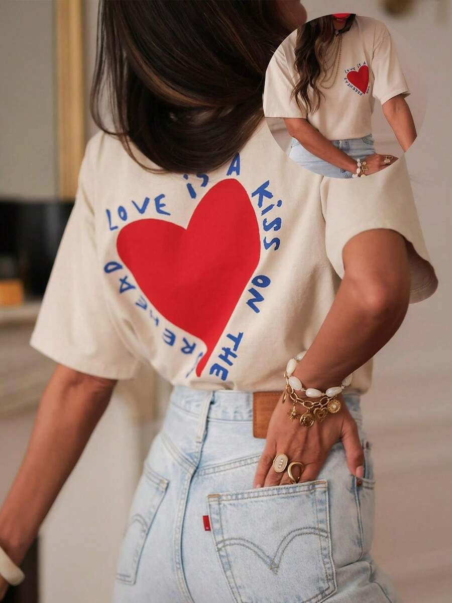 Women's Round Neck Printed Short Sleeve T-Shirt, Casual Loose Fit, Super Soft & Comfortable Fabric, Ins Street Fashion Style, Classic All-match Graphic Tee, Breathable Lightweight Daily Basic Top, Perfect for Daily Wear, Casual Vacation, Office Commute, Outdoor Going Out, Weekend Gathering, Shopping and Leisure Activities, Ladies Trendy Oversized Casual Pullover T-Shirt - Albaricoque - Ver 1