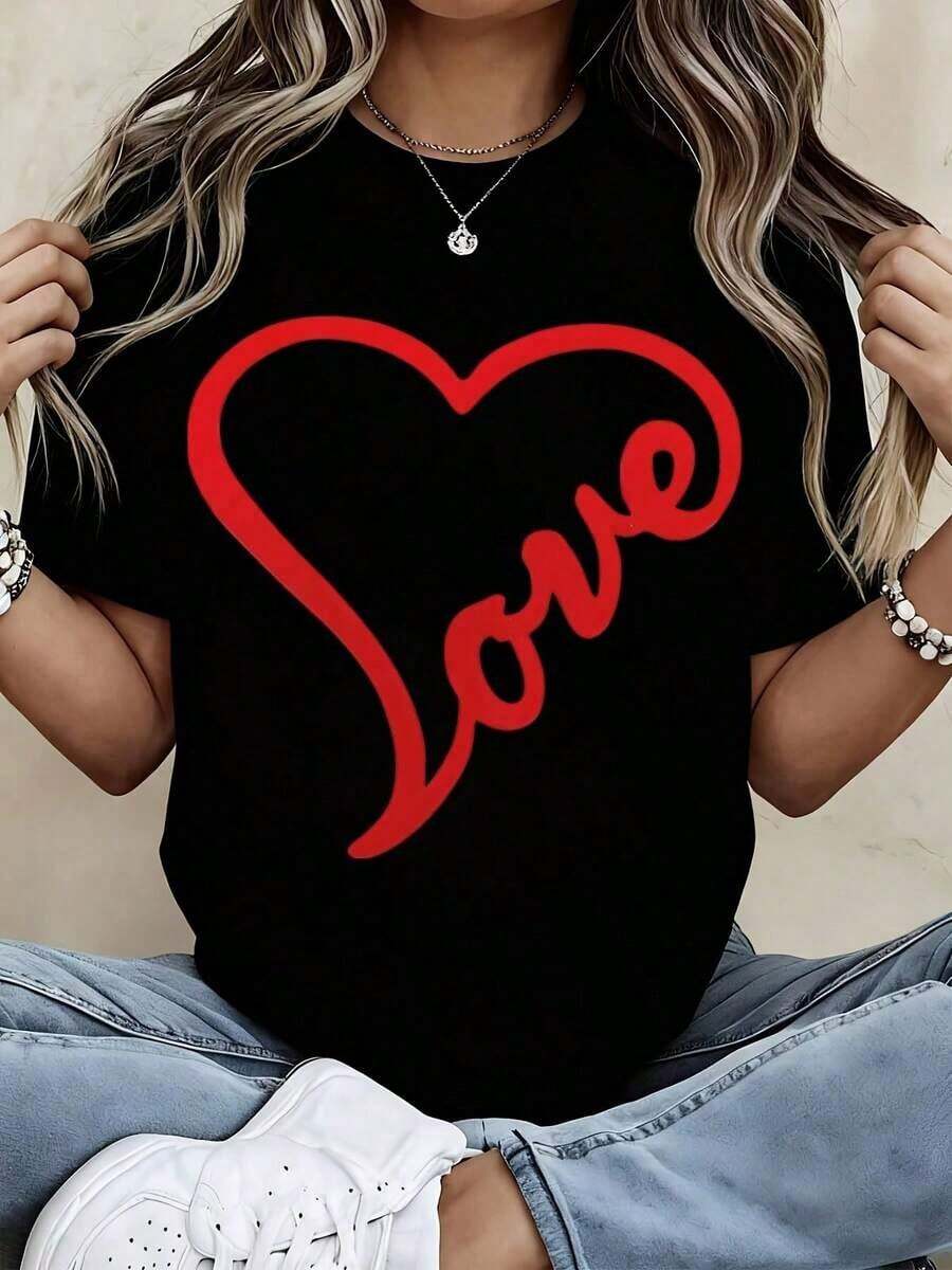 Designed For Modern, Stylish, And Comfortable Women. Women's White T-Shirt With A Heart Print - Casual Top For Valentine's Day, Romantic Couple's Set, Comfortable Cotton T-Shirt For Everyday Wear And Special Occasions. Made With Premium Soft And Breathable Fabric, Designed For All-Day Comfort And Versatile Everyday Wear, Perfect For Casual Outings. - 黑色 - 查看 1
