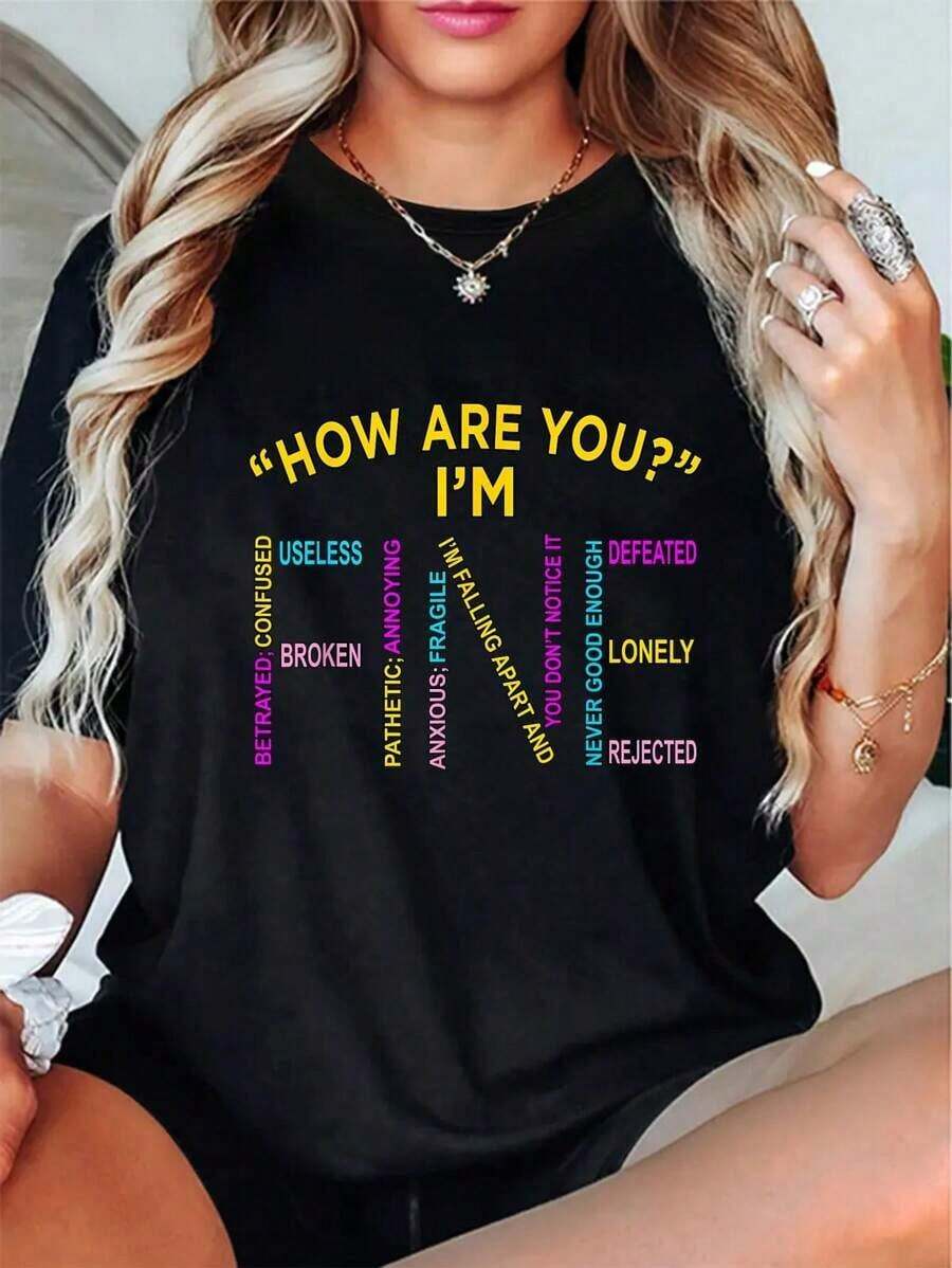 Men's And Women's Short-Sleeved Graphic T-Shirt With A Round Neck, Featuring A "I'm OK" Design To Support Mental Health Awareness, Casual Style. - 黑色 - 查看 1