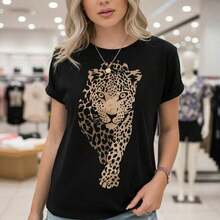 ropa de mujer Camiseta con estampado de leopardo para mujer - Camiseta casual de manga corta y cuello redondo de algodón puro, top holgado con estampado animal para el verano, tallas S-5XL disponibles camisas de mujer - Negro - Ver 6
