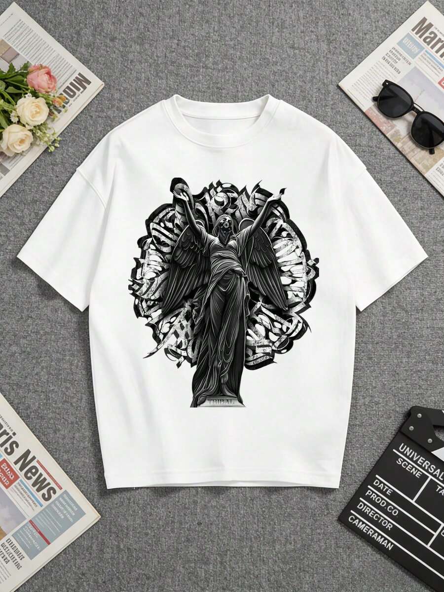 White T-Shirt With A Striking "Angel Of Hope" Print. Perfect For Expressing Admiration And Gratitude Towards Loved Ones. A Short-Sleeved T-Shirt Suitable For Home, Everyday Wear, Parties, And Travel-Ideal As A Gift For Friends Or Family. - 白色 - 查看 1