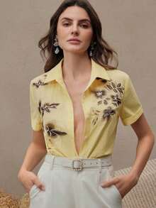 Blusa de mujer con bordado floral elegante de manga corta, versátil para vacaciones, viajes, primavera/verano, festivales, graduación - Amarillo - Ver 3