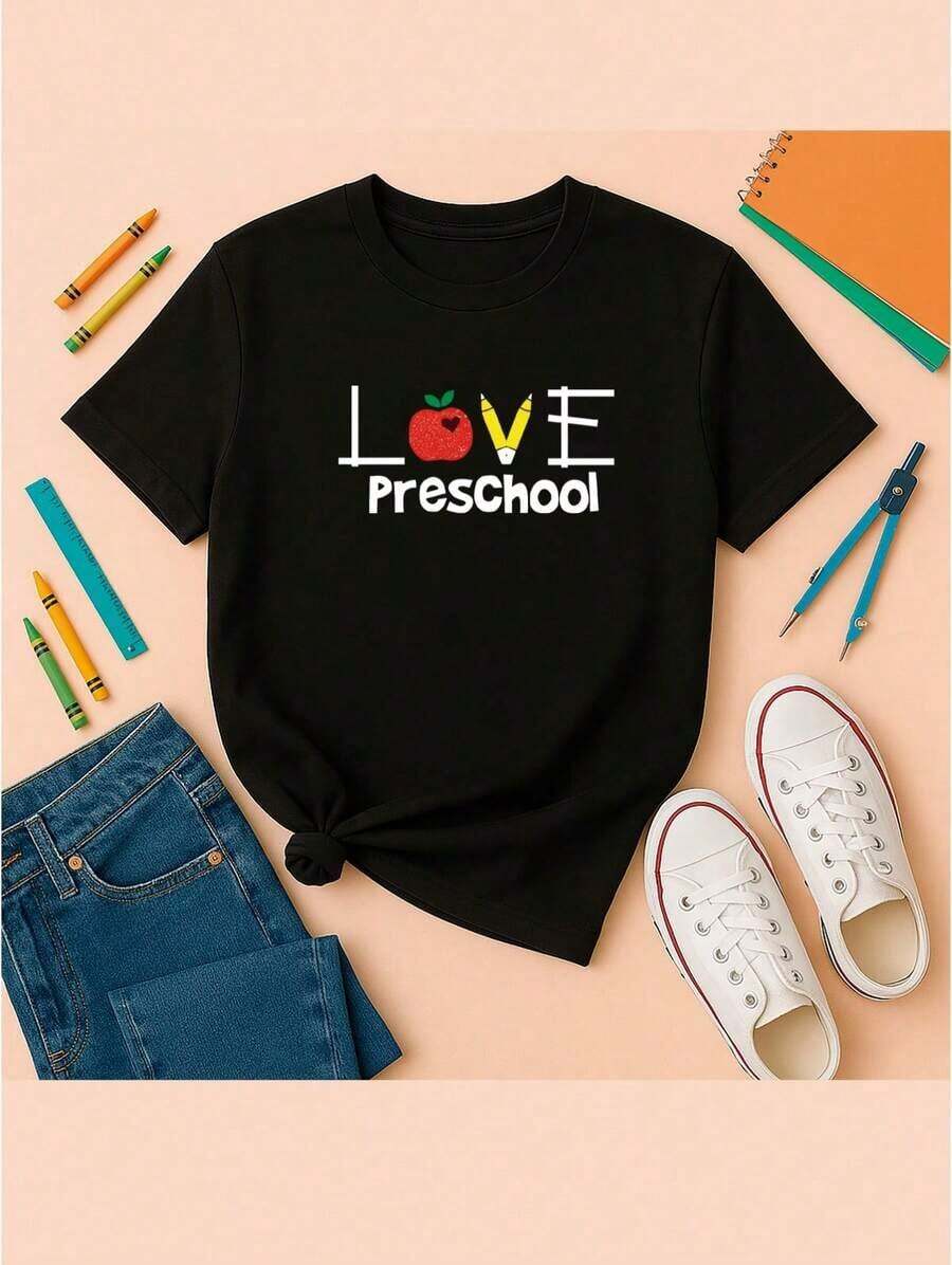 Women's Casual T-Shirt, Simple And Versatile, With Apple And Pencil Print For Teacher's Day, Short Sleeve And Round Neck, Suitable For Spring And Summer Wear, Standard Size, With Breathable And Comfortable Fabric, Ideal For Everyday Wear, At Home And In The Office. - 黑色 - 查看 1