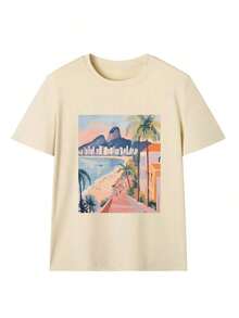 1 Piece/Set Of Short-Sleeved T-Shirt With Round Neck And Landscape Print, New Summer Collection, Casual, Modern And Versatile For Women's Daily Use. - 杏色 - 查看 5